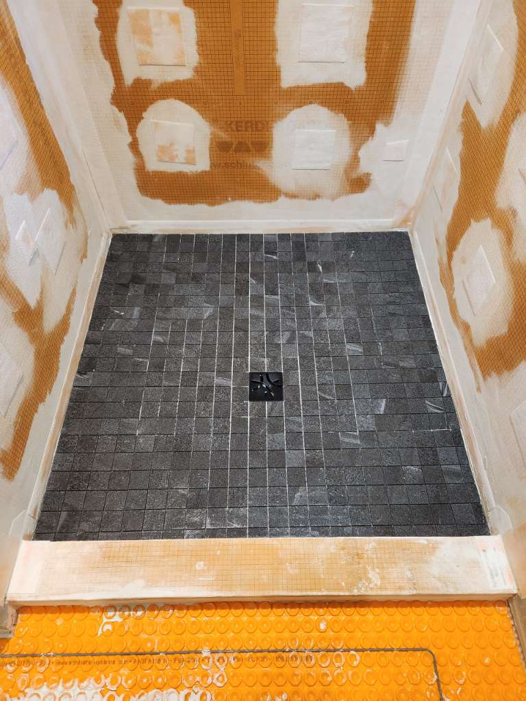 Slate floor tile installation winter construction custom bathroom maine