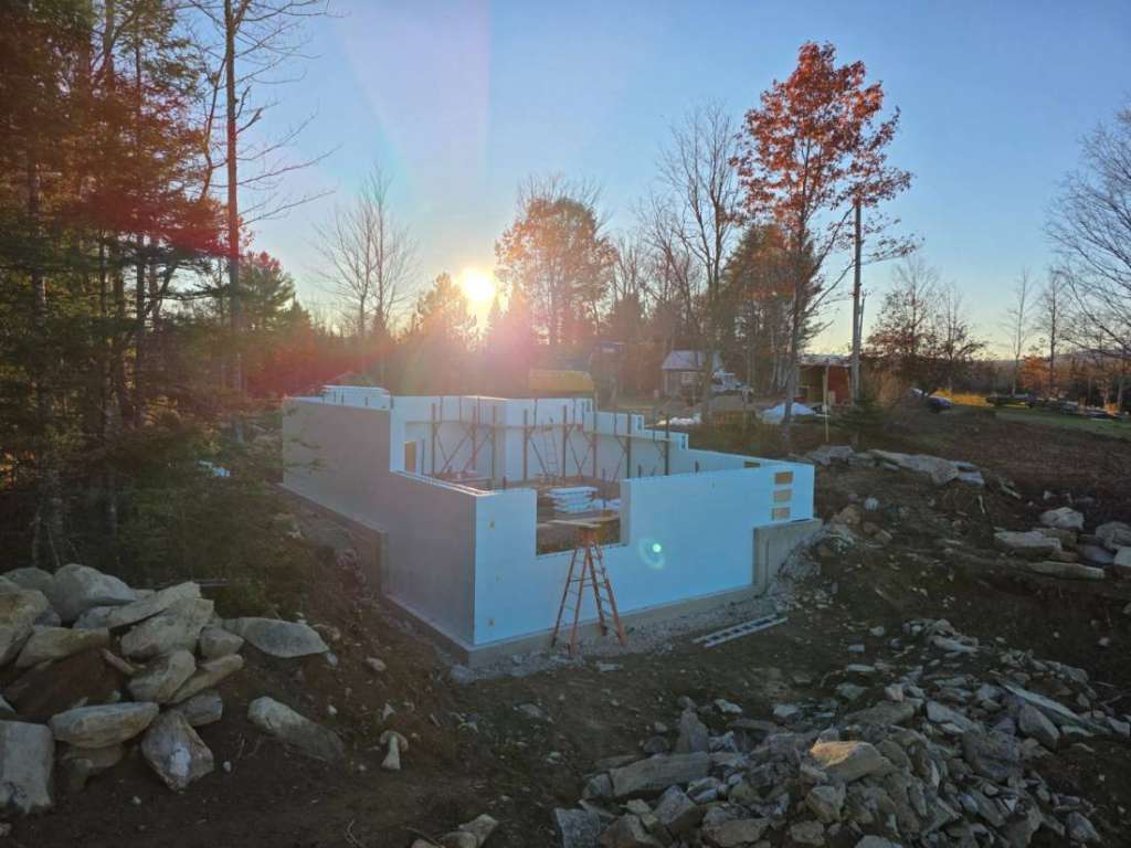 Foundation walls dusk winter construction phillips maine