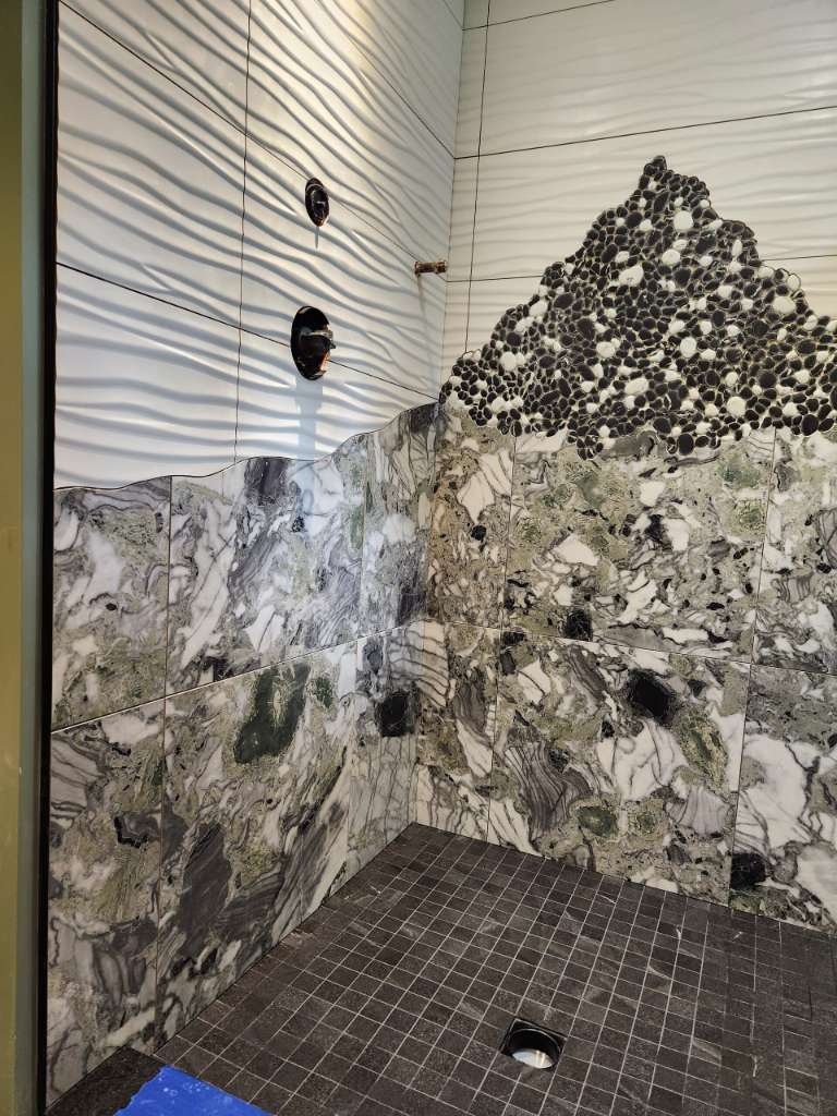 Wavy 3d feature tile detail winter construction custom bathroom maine