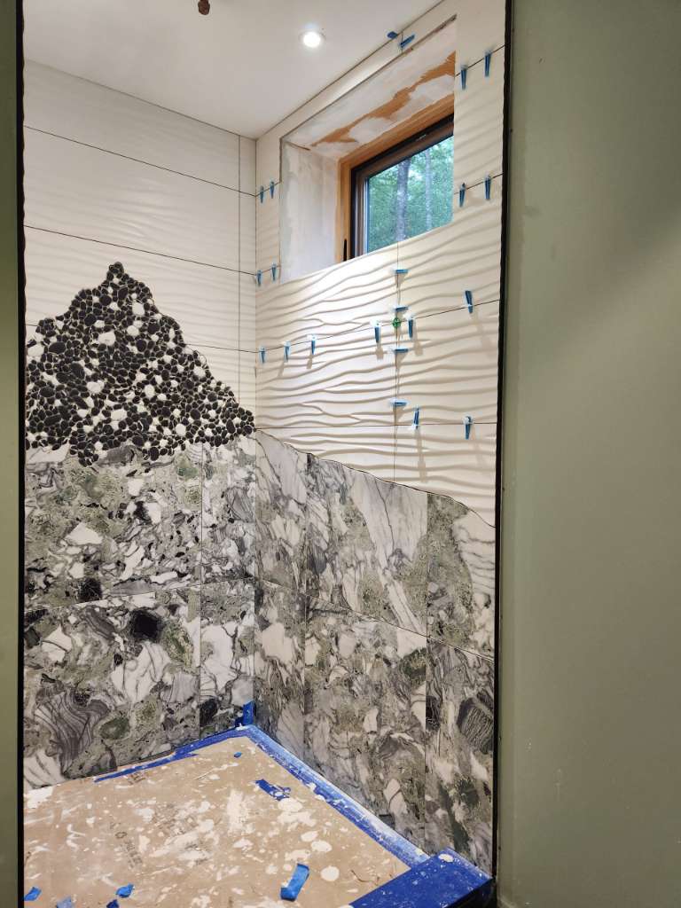 Custom mosaic shower wall winter construction custom bathroom maine