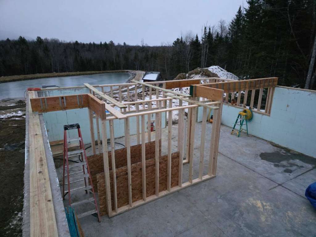 Wall framing first floor winter construction phillips maine