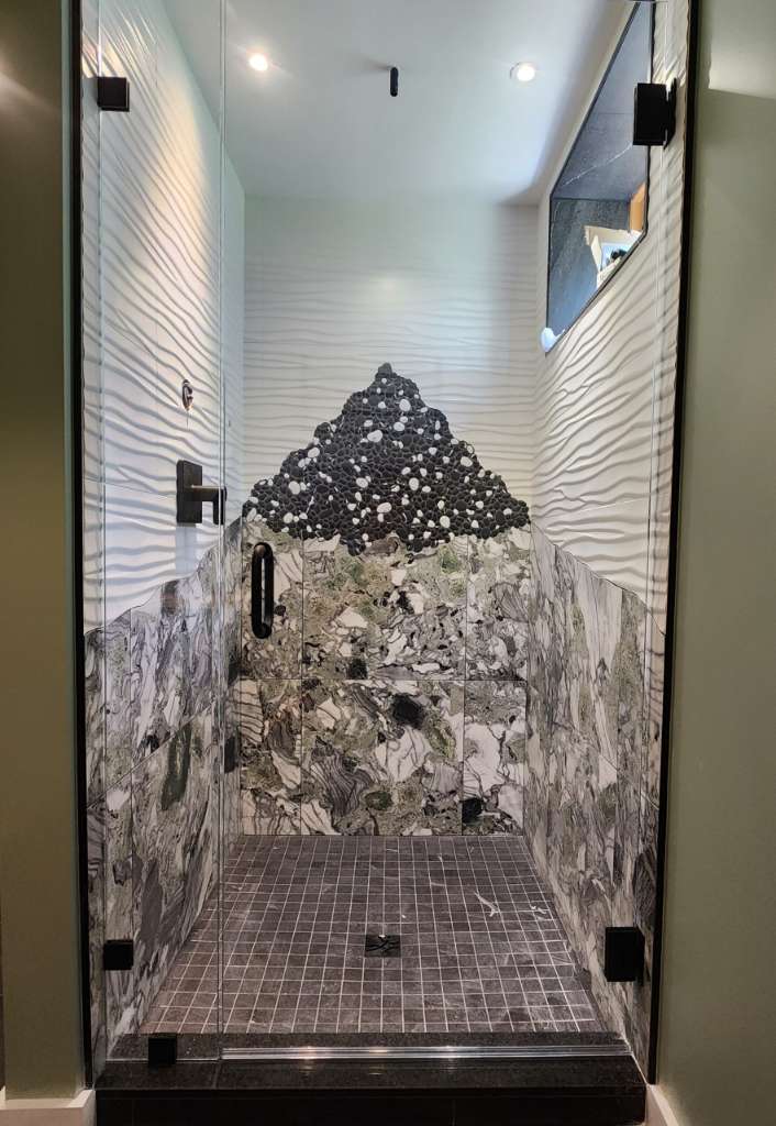 Finished glass shower enclosure winter construction custom bathroom maine