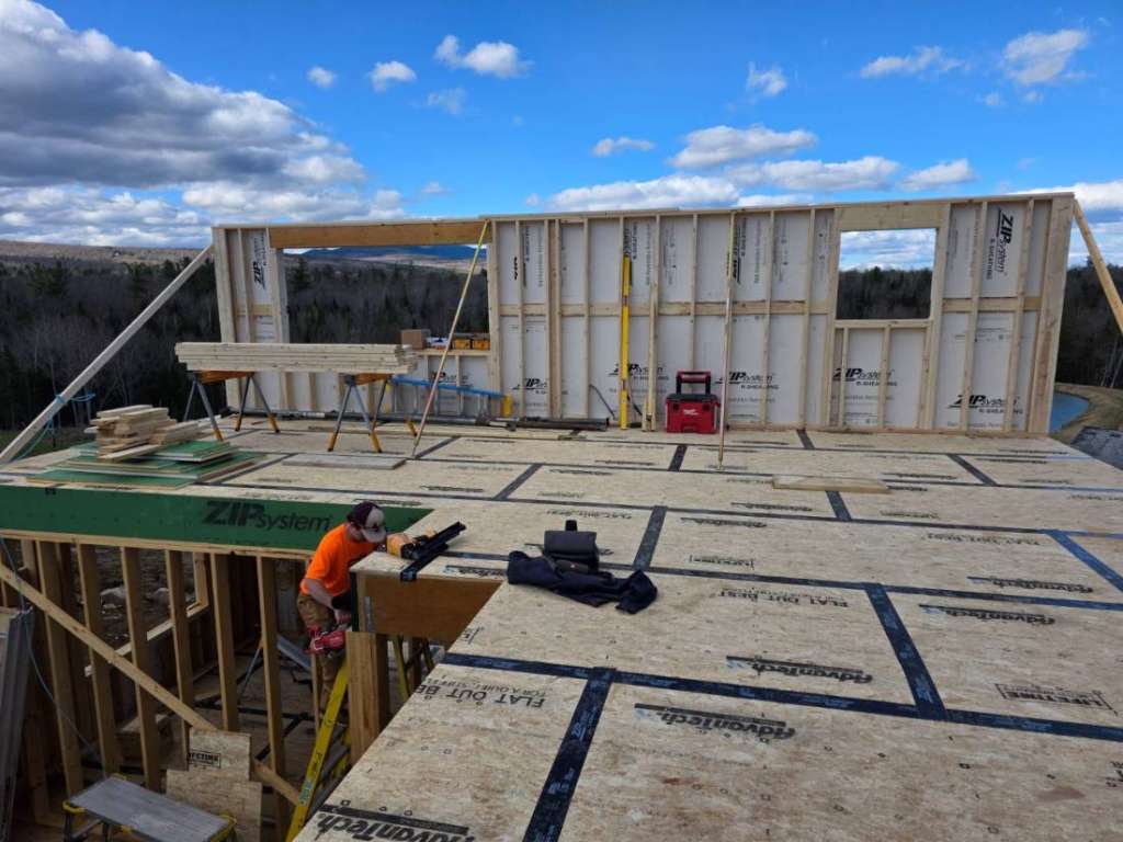 Second floor deck framing winter construction phillips maine