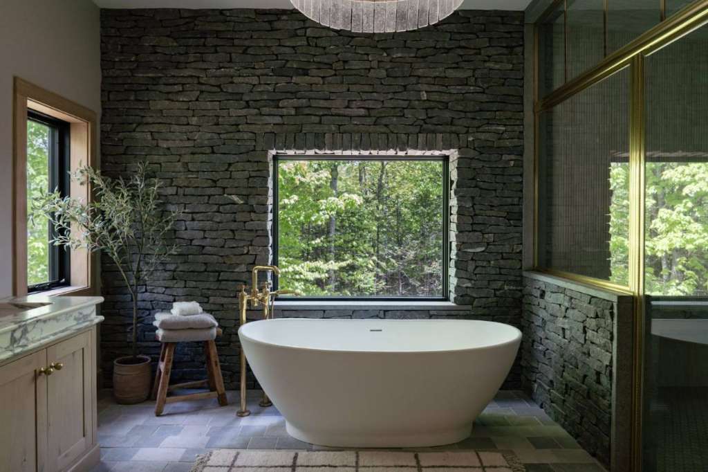 Winter construction custom home bathroom carrabassett valley maine